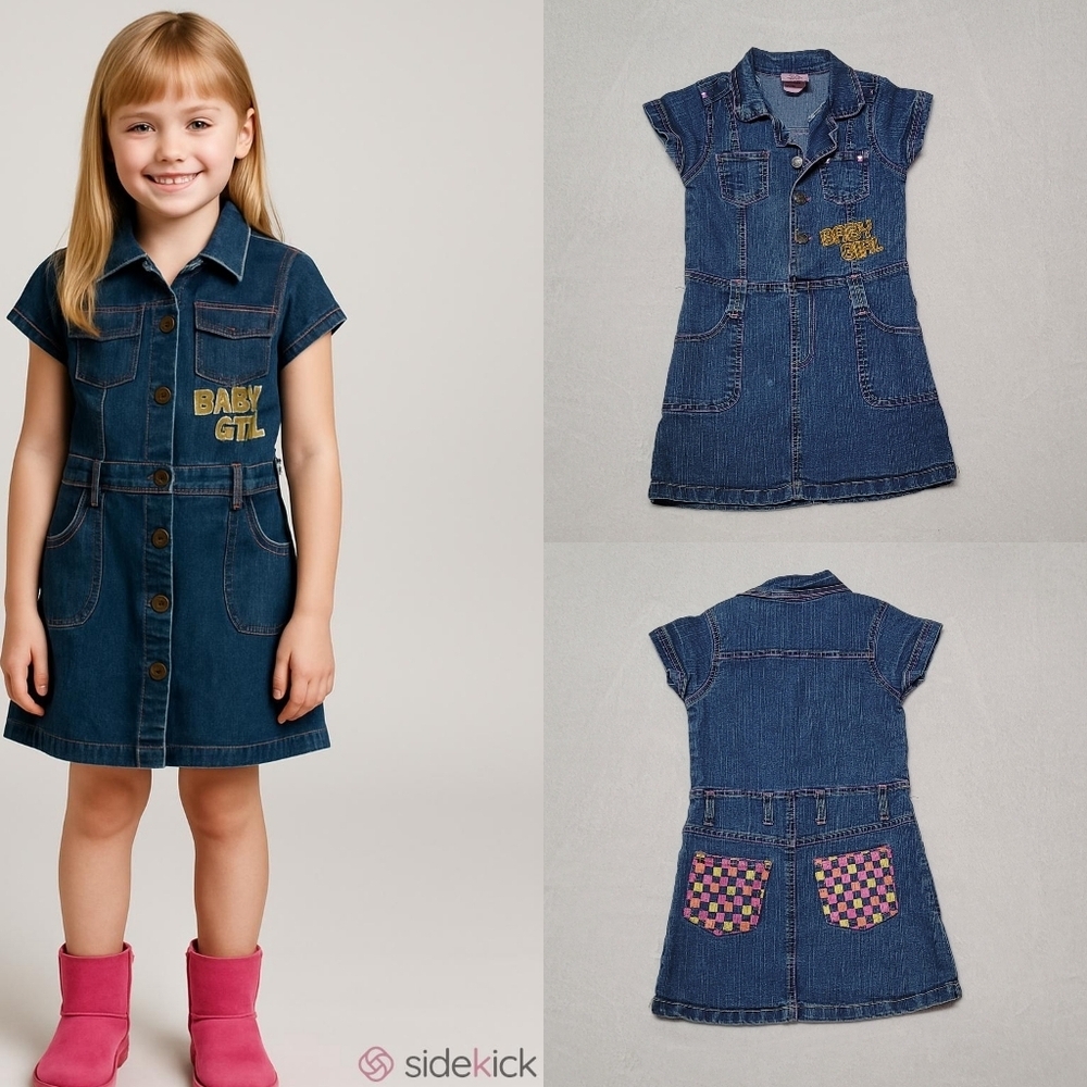 2B Real Vintage 90s "Baby Girl" Pink Plaid Embellished Stretchy Denim Dress 6X